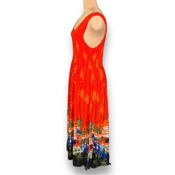 Vintage Maxi Dress Hawaiian Print Red Blue Pattern Floral Smocked Top Tropical - Picture 2 of 8